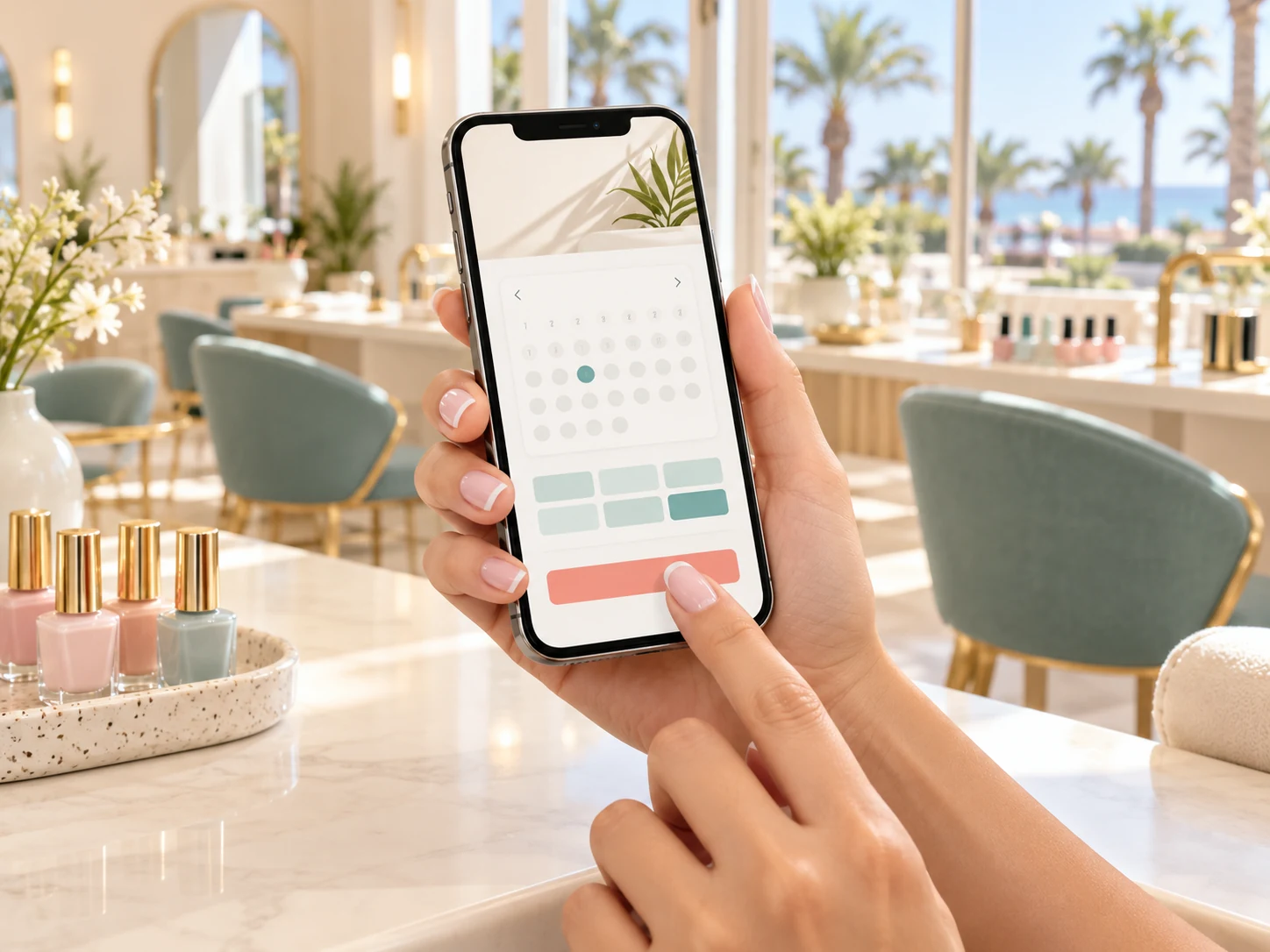 Freshly manicured hands choosing an appointment on a phone in a bright coastal-style nail salon