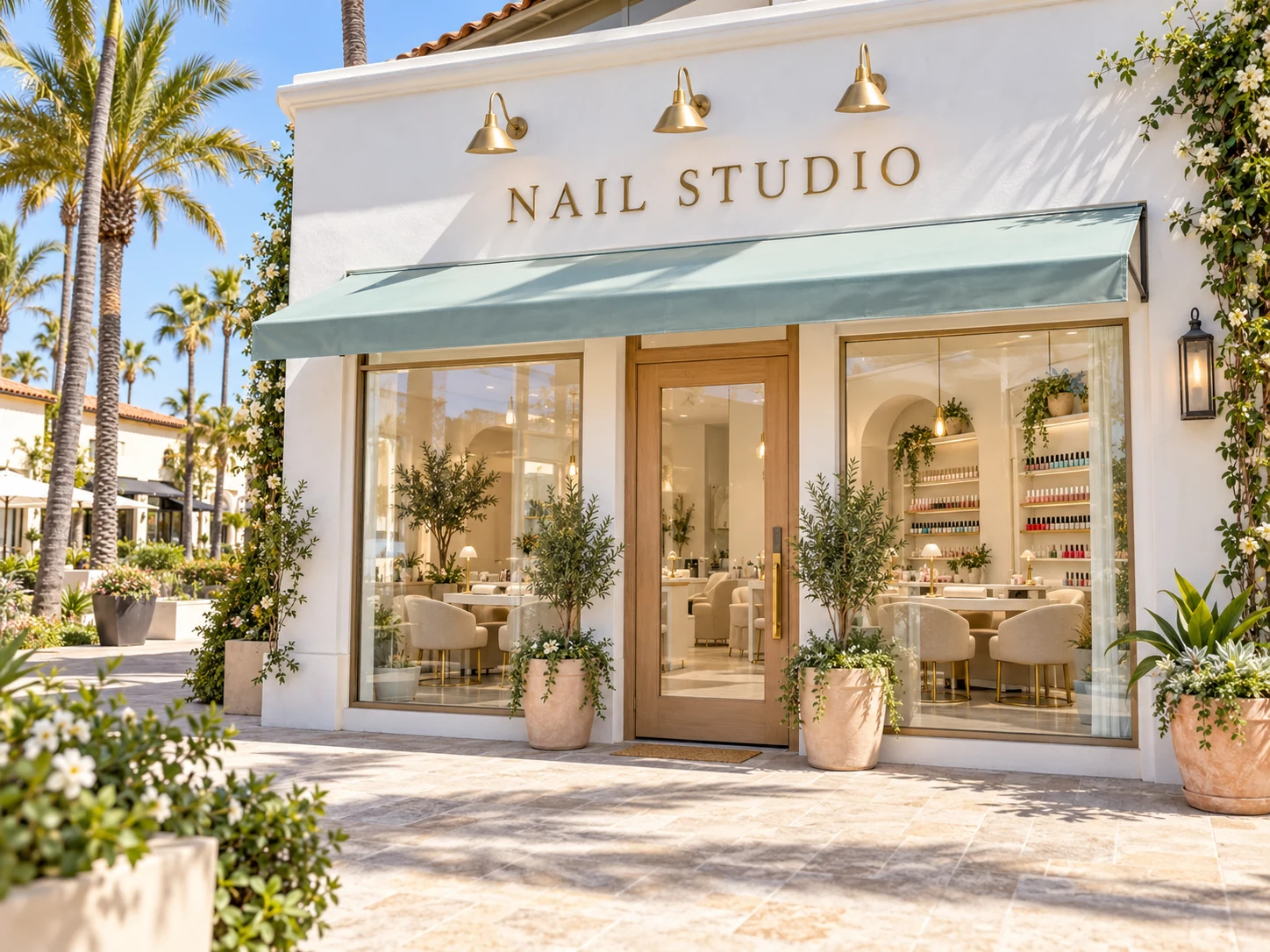 A sunlit nail studio with a sea-glass awning and California palm trees